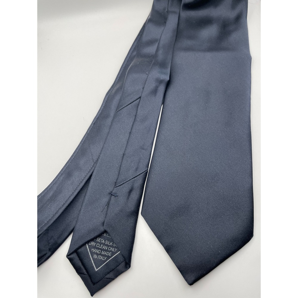 Burdi Chicago Mens Navy Blue Silk Satin Necktie Hand Made in Italy Classic Wide